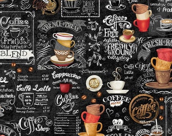 COFFEE CHALKBOARD cotton fabric, Timeless Treasures fabric, 100% cotton fabric, coffee fabric, coffee cups fabric, coffee sayings fabric!