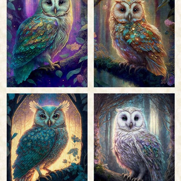 MYSTIC OWL BLOCKS on cream 4 large blocks cotton fabric panel, 36" x 44" panel, Qt fabric, owl fabric panel, colorful owls!