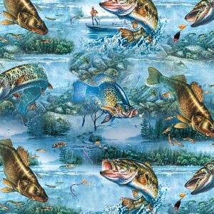 May include: A fabric print featuring a repeating pattern of various freshwater fish, including bass and crappie, swimming in blue water with rocky underwater terrain, green forest shorelines, and a small boat with a person fishing.