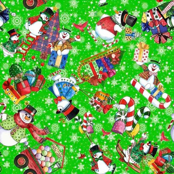 End Of Bolt 12" x 44" TOSSED SNOWMEN on GREEN cotton fabric, Qt fabrics, Quilting Treasures, snowman follies fabric, winter fabric!