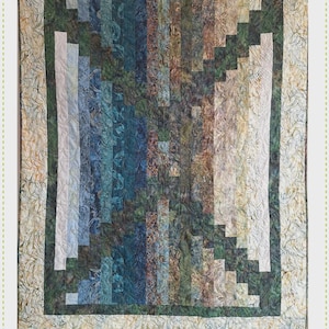 May include: A rectangular quilt featuring a vertical strip pattern in shades of blue, green, and brown, surrounded by a light-colored patterned border. The text reads: Reflections A 2 1/2" Strip Quilt, Quilting Renditions My Design...Your Beautiful Rendition.