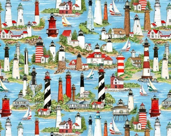 LIGHTHOUSE SCENE cotton fabric, Elizabeth's Studio fabric, quilting fabric, 100% cotton fabric, lights of hope, ocean fabric!