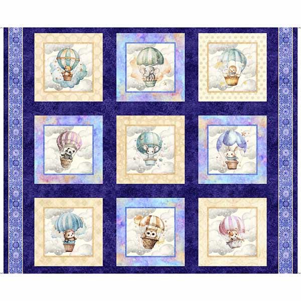 BABY ANIMALS in Hot Air Balloons cotton fabric panel 36" x 44", Qt fabrics, Oh the Places