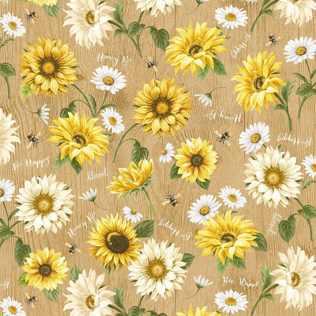 BEES And FLOWERS On TAN Cotton Fabric Timeless Treasures Quilting Bees and flowers on tan cotton fabric timeless treasures quilting