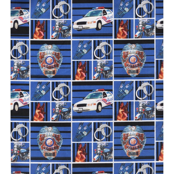 FQ POLICE BADGES and Cars on blue 18" x 21" cotton fabric, Print Concepts fabric, fat quarter, law enforcement fabric, police dog