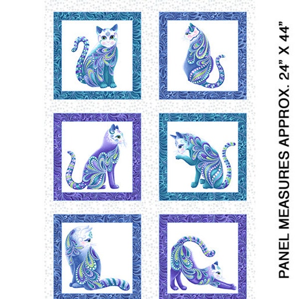 CATITUDE CATS on white Singing the Blues fabric panel, Benartex fabric, quilting fabric, Cat-I-Tude fabric, porcelain cat fabric!