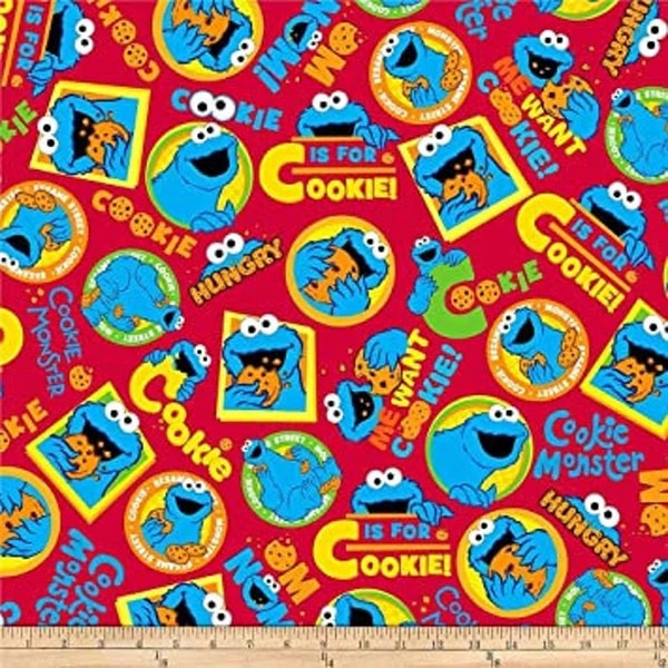 FQ COOKIE MONSTER sur tissu de coton Red Sesame Street 18 "x 21", tissus Qt, fat quarter, tissu sous licence, cookie monster !