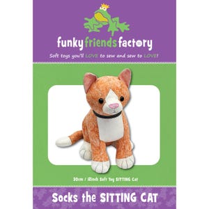 May include: A plush orange and white cat toy, approximately 12 inches tall, with a black collar. The image is on a green background with the text "funky friends factory" and "Socks the SITTING CAT". The product is designed for sewing.