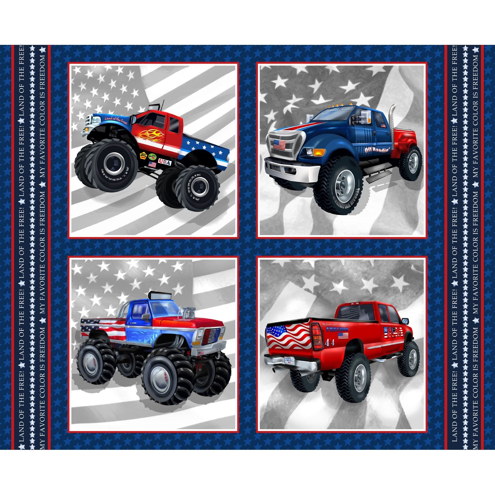 MONSTER TRUCKS in 4 squares cotton fabric panel 36 x Etsy