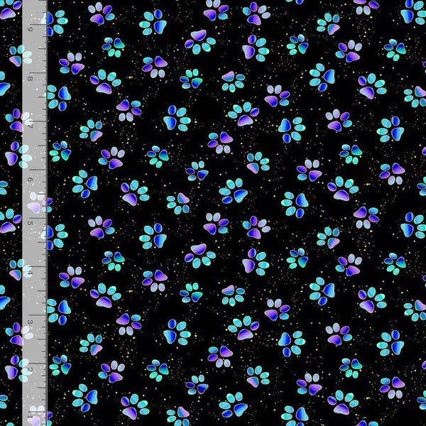 BLUE PAW PRINTS on Black cotton fabric, Timeless Treasures fabric, cat paw prints, kitten fabric, Bijoux fabric!