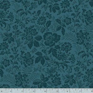 May include: A teal fabric featuring a dark teal floral pattern with various flowers, leaves, and sprigs. A white measuring tape is visible at the bottom edge, showing measurements from 0 to 8 inches, indicating the scale of the print.
