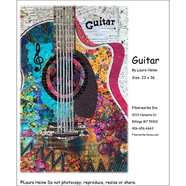 GUITAR collage quilt pattern, Fiberworks quilt pattern, Laura Heine quilt pattern,  23" x 36" wallhanging, guitar quilt pattern, music quilt
