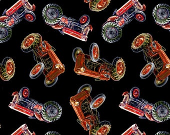 RED TRACTORS on BLACK cotton fabric, Timeless Treasures fabric, quilting fabric, 100% cotton fabric, farm fabric, tractor fabric!