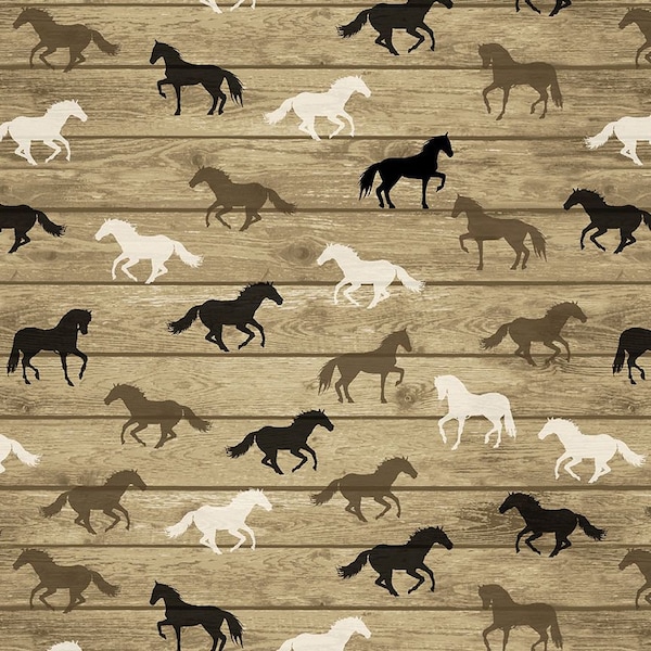 HORSES ON WOOD planks cotton fabric, Timeless Treasures fabric, 100% cotton fabric, horse fabric, horse silhouette fabric!