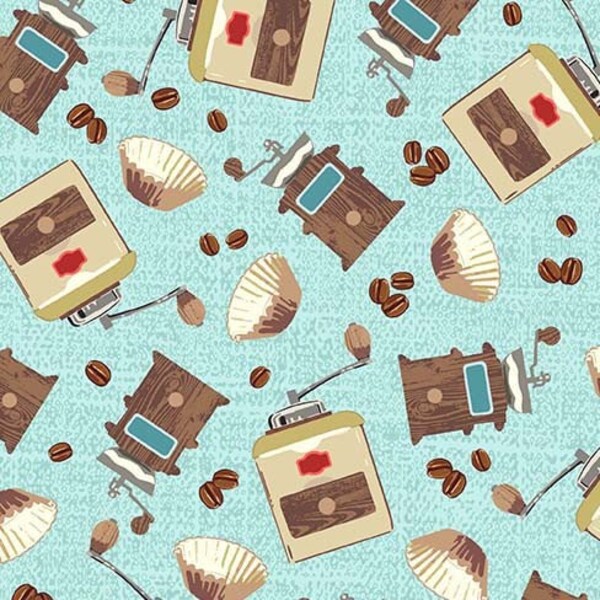 COFFEE GRINDERS On BLUE cotton fabric, Michael Miller fabric, 100% cotton fabric, coffee fabric, coffee bean fabric, coffee couture fabric!