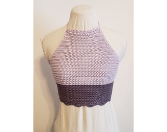 Crocheted Two-Toned Halter Crop Top with Lace-up Back - Purple