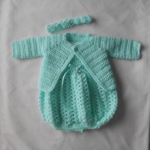 Crocheted Baby Bubble Romper with Sweater and Headband-Mint Green