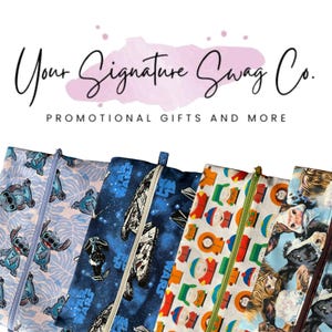 May include: A collection of zippered pouches with various patterns, including Stitch, Star Wars, South Park characters, and cow prints. The pouches have different colored zippers and are displayed against a white background with the text "Your Signature Swag Co." and "Promotional Gifts and More".