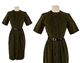Vintage 1950s Army Green Dress | Retro 50s Suede Wiggle Dress l Vintage Button Down Pencil Dress | Size Small S Medium M