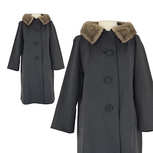 Vintage 1950s Gray Winter Coat | Retro 50s Mink Collar Long Sleeve Princess Coat | Mid Century Fully Lined A Line Coat | Size Large L
