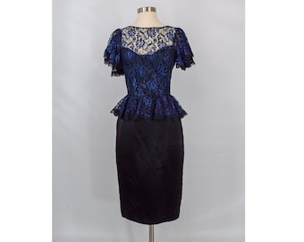 Vintage 1970s Gunne Sax Dress | 70s Black Satin Purple Lace Peplum Dress | Vintage Open Back Cocktail Dress | Size Small S XS