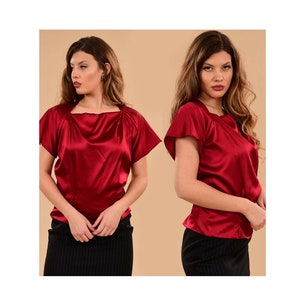 Elegant Red Cowl Neck Silk Kimono Blouse for Formal Events