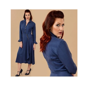 Military Style Button Up Dress | Fall Collared Button Down Mid-calf 1930s 1940s Dress