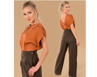 Vintage Style High Waist Dress Pants | Fall Brown Pleated Wide Leg Trousers | Vintage Style Womens Office Wear | Dorothy Zudora Sizes 00-18