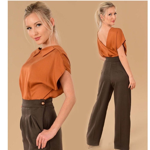 Vintage Style High Waist Dress Pants | Fall Brown Pleated Wide Leg Trousers | Vintage Style Womens Office Wear | Dorothy Zudora Sizes 00-18