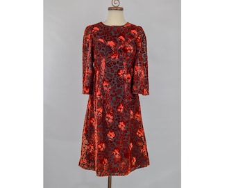 1960s Velvet Cocktail Dress | Mod Red Rose Print, Size Small