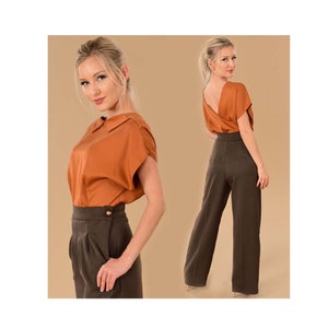 Vintage Style High Waist Dress Pants | Fall Brown Pleated Wide Leg Trousers | Vintage Style Womens Office Wear | Dorothy Zudora Sizes 00-18