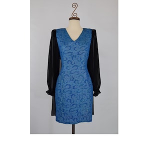 Vintage 1960s Brocade Cocktail Dress | 60s Black Chiffon Cape Back Mini Dress | Retro Iridescent Blue Holiday Christmas Dress | Size S XS