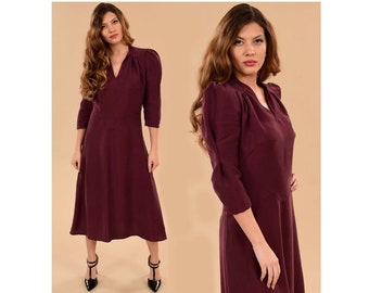Burgundy Vintage Military Style Button Down Midi Dress