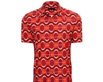 Camisa de hombre con estampado geométrico / Camisa retro de botones naranja y rojo / Camisa de manga corta estilo años 70