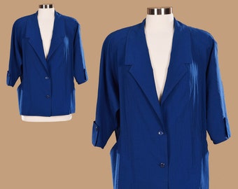 Blazer blu oversize vintage anni '80 - Giacca retrò a mezza manica con ampi revers - Taglia media