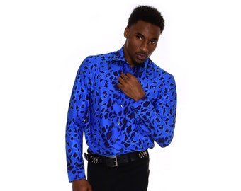 Men's Blue Animal Print Shirt | Stretchy 1970's Collar Long Sleeve Button Down Shirt