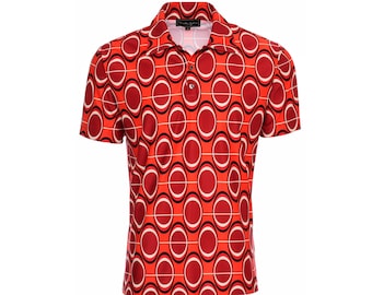Vintage Style Mens Red Polo with Orange Geometric Print and Collared Neck