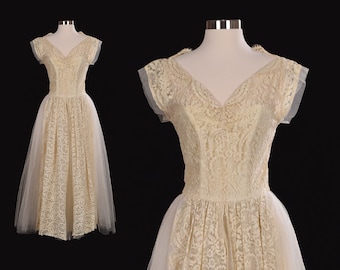 Vintage 1950s Lace Wedding Dress | Floral Tulle Tea Length Gown, Medium