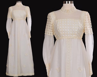Vestido de noiva boho vintage dos anos 60 | Maxi com renda floral e mangas bufantes, tamanho pequeno