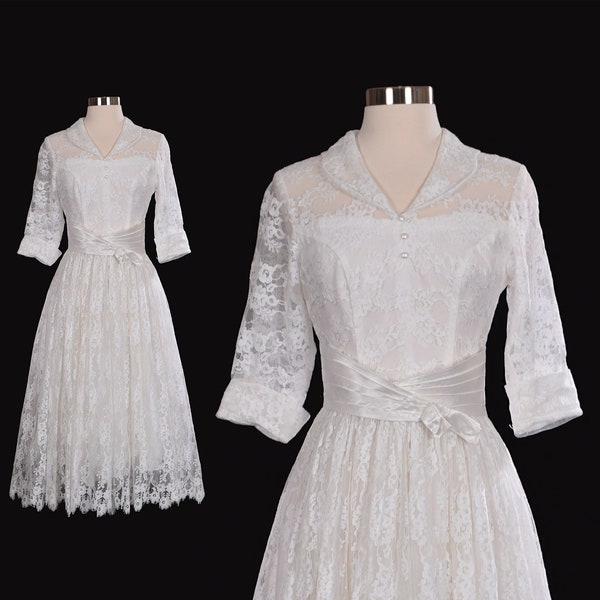 Vintage 1950s Collared Wedding Dress | 50s Shear Floral Lace Tulle Wedding Gown | Vtg Short Sleeve Tea Length Wedding Dress | Size Medium M