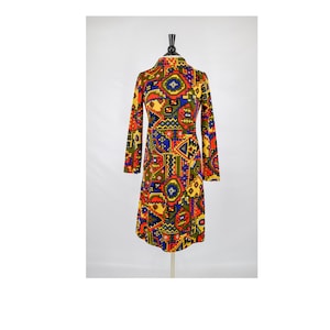 Vintage 1960s Psychedelic Festival Dress | Mod 60s Multi Colored Boho Midi | Retro Knee Length Mock Neck Dress | Size Medium M