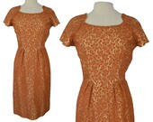 Vintage 50s Dress 50s Orange Satin Lace Brocade Wiggle Cocktail Pin Up Dress Medium M