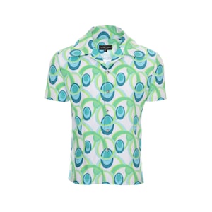 Men&#39;s 60s Green Blue Geo Mid Century Retro Camp Shirt Vintage Button Down