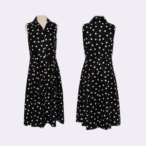Late 90&#39;s Polka Dot Dress | Black and White Day Dress | Vintage Shirt Dress | Sleeveless Fit and Flare Dress | Size Small 6