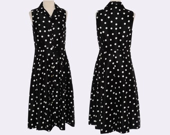 Late 90's Polka Dot Dress | Black and White Day Dress | Vintage Shirt Dress | Sleeveless Fit and Flare Dress | Size Small 6