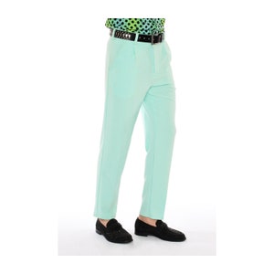 Vintage-Inspired Mint Green Pleated Trousers: Men&#39;s Mid-Rise Performance Stretch Dress Pants