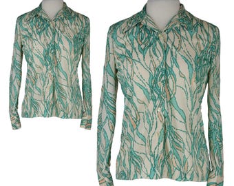 Vintage 1970s Womens Disco Shirt | 70s Mint Green Cream Button Up Shirt | Retro Sears Novelty Print Blouse | Size Medium M