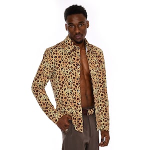 Camisa masculina com estampa de leopardo | Camisa retrô de botões com estampa de leopardo | Camisa de manga comprida estilo anos 70 imagem 2