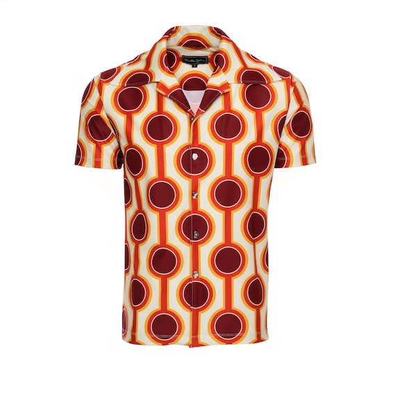 Men's Brown Geo Print Bowling Shirt 60s Vintage Print Camp