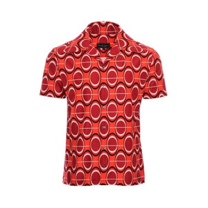 60s Style Red Orange Button Down Camp Men&#39;s Shirt, Retro Collared Short Sleeve
